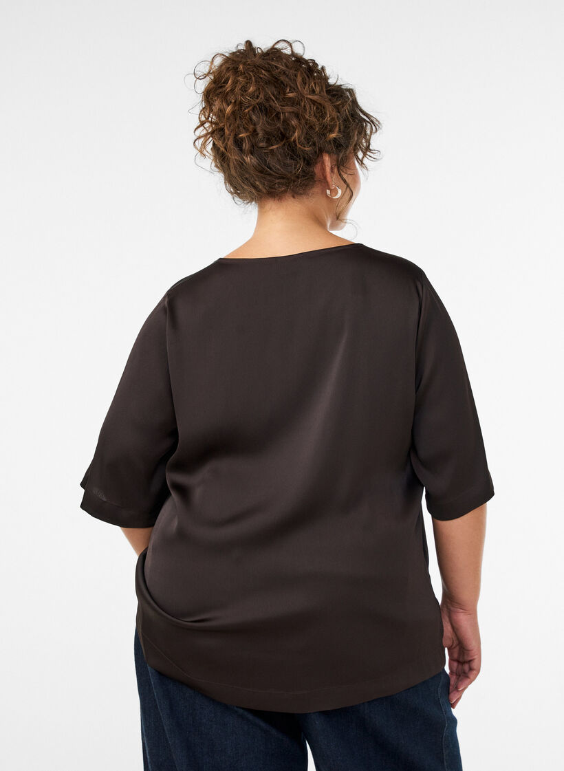 Satijnen blouse met ellebooglange mouwen, Bruin, Model image number 2