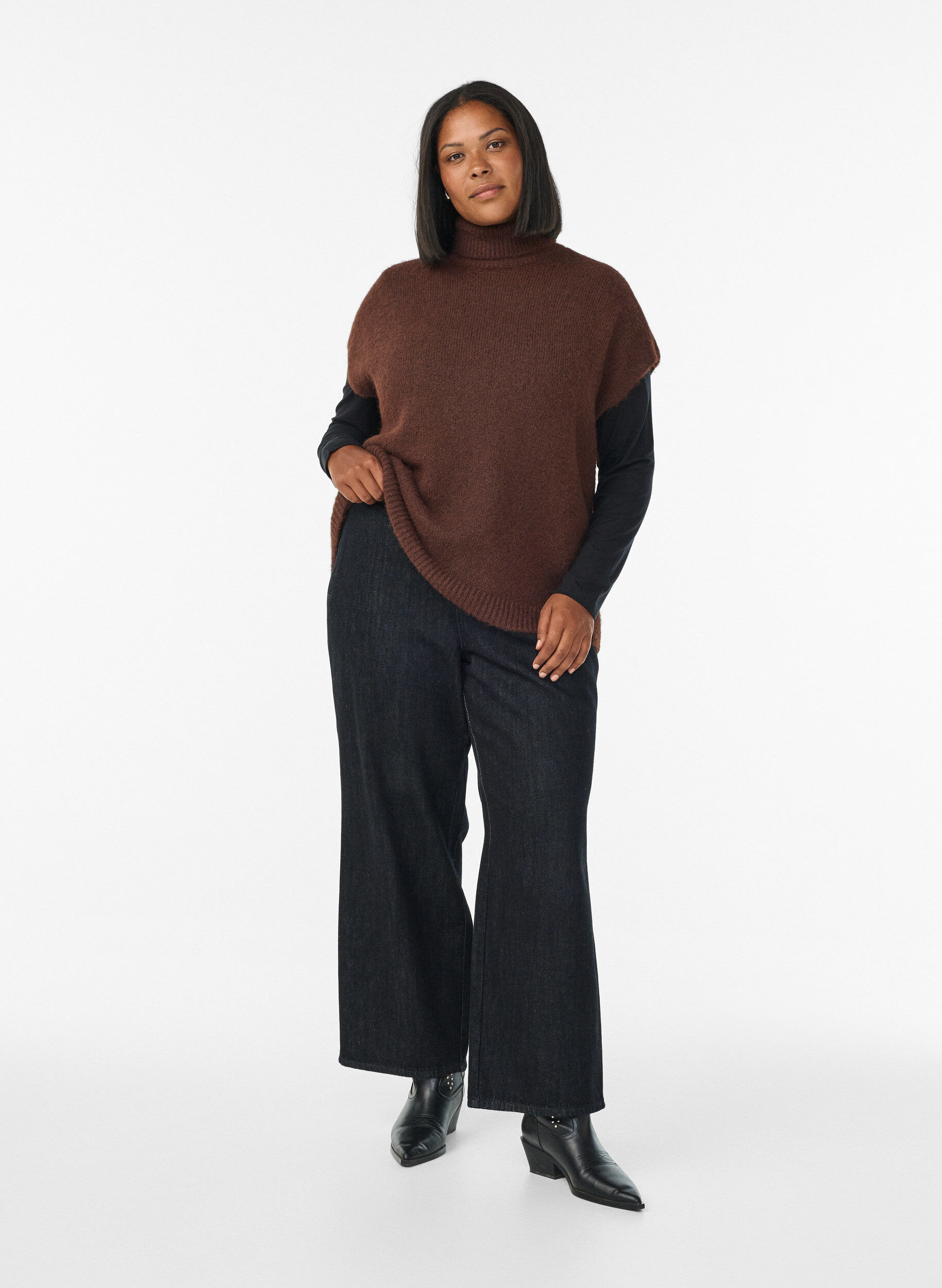 Zizzi Mouwloos gebreid vest met col, Bruin, Model image number 1