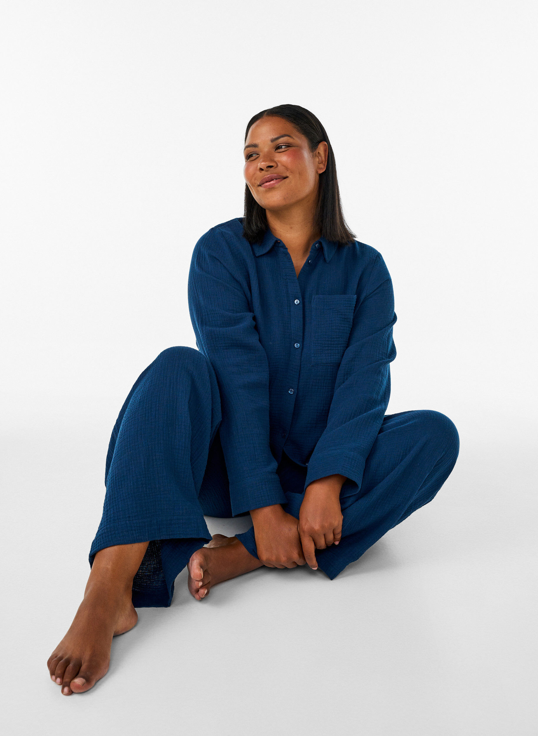 ZizziKatoenen mousseline nachthemd met lange mouwen, Blauw, Model image number 3
