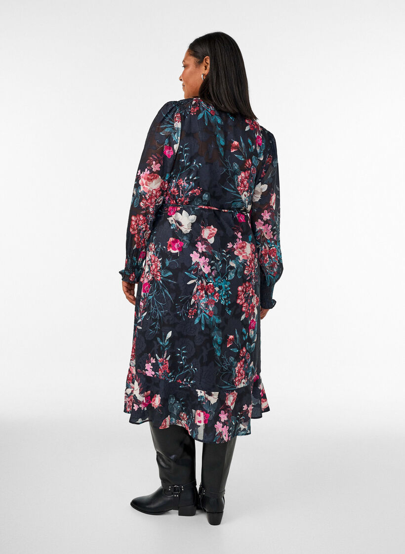 Bloemen midi-jurk met geweven textuur en strikceintuur, Zwart, Model image number 1