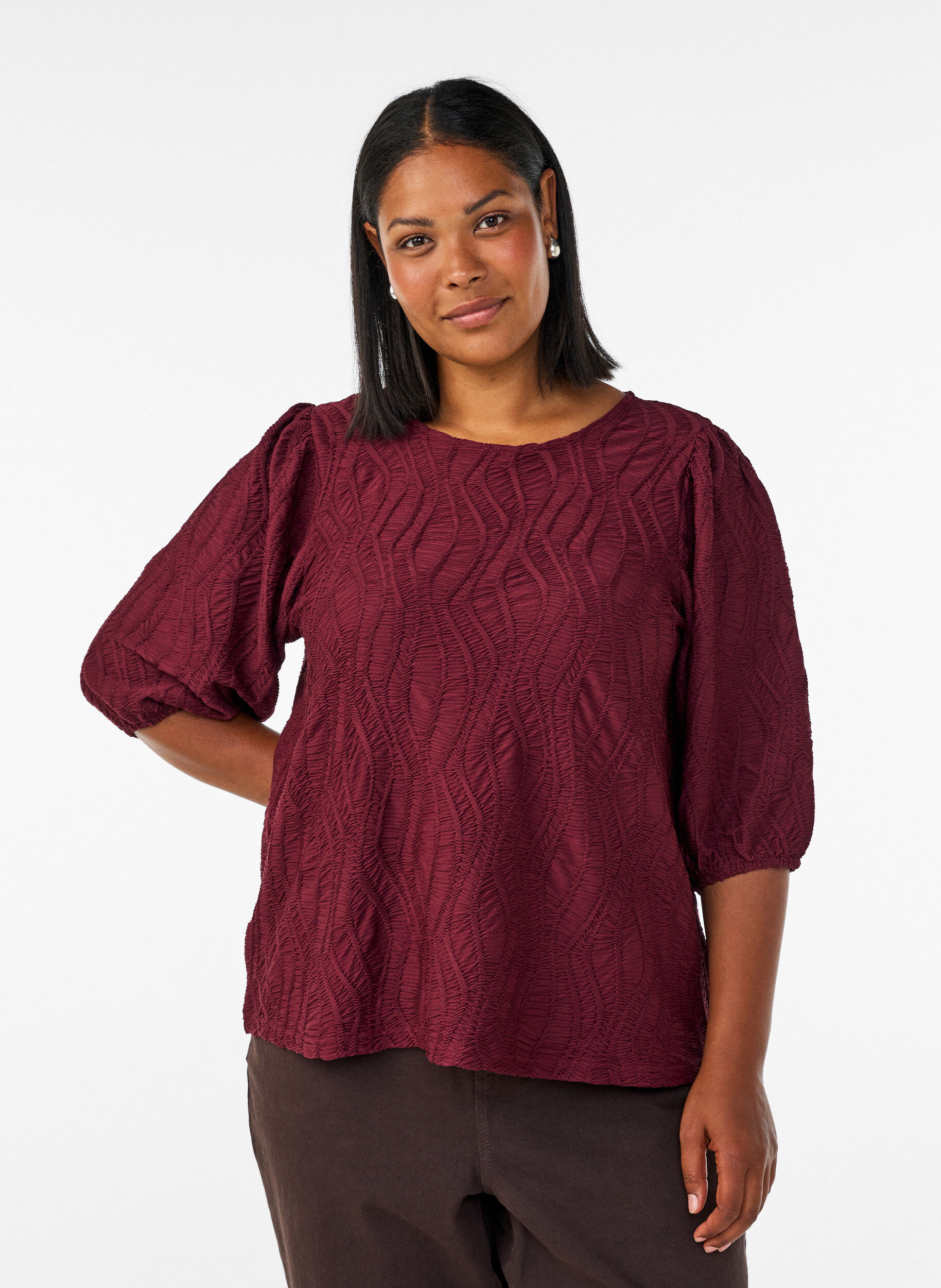 Blouse met textuur en 3/4 mouwen, Rood, Model