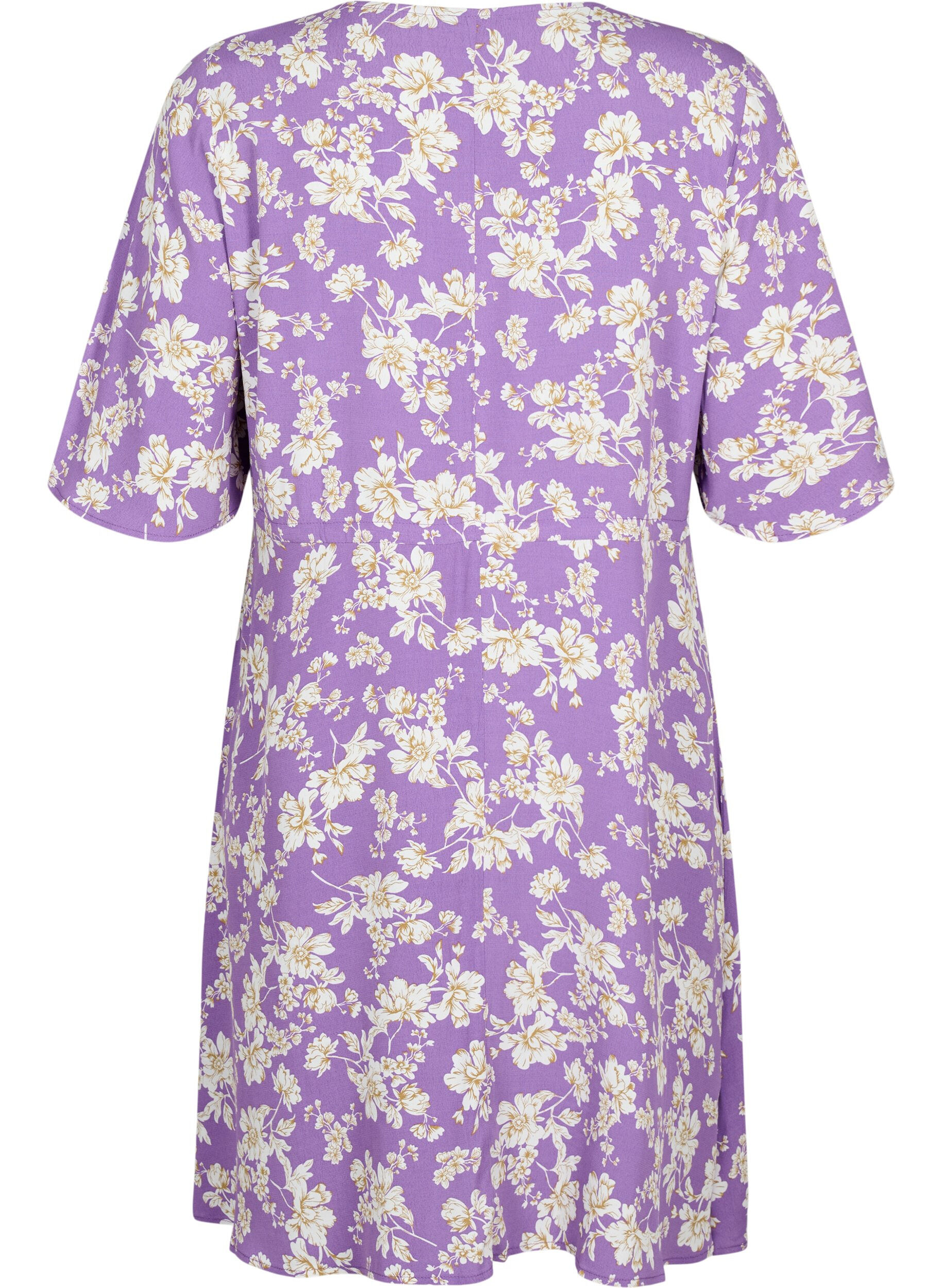 Zizzi Jurk met 1/2 mouw met bloemenprint in viscose, Purple Flower AOP, Packshot image number 1