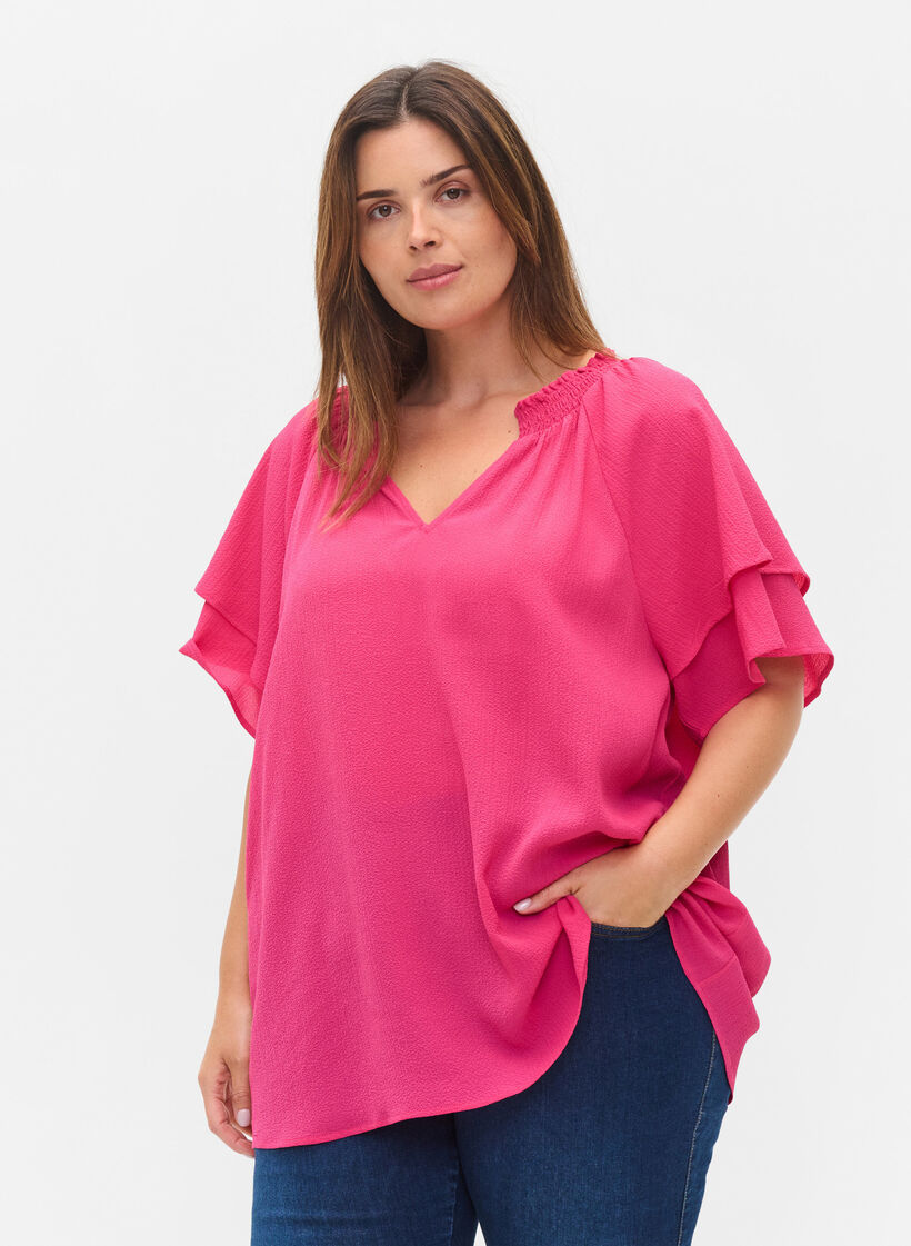 V-hals blouse met korte mouwen, Fuchsia Purple, Model image number 0