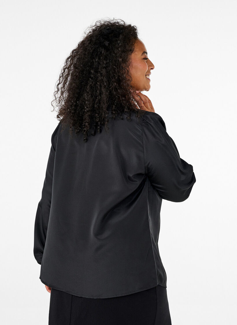 Satijnen blouse met ruchedetail, Black, Model image number 1