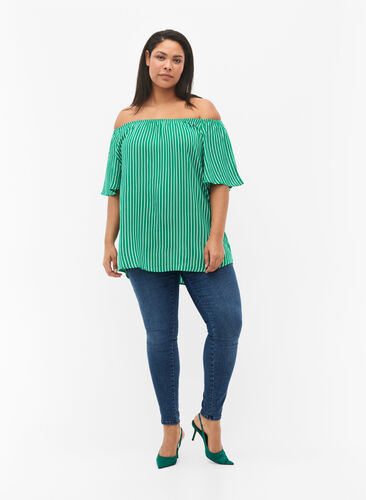 Effen blouse van viscose met korte mouwen, J.Green/White Stripe, Model image number 2