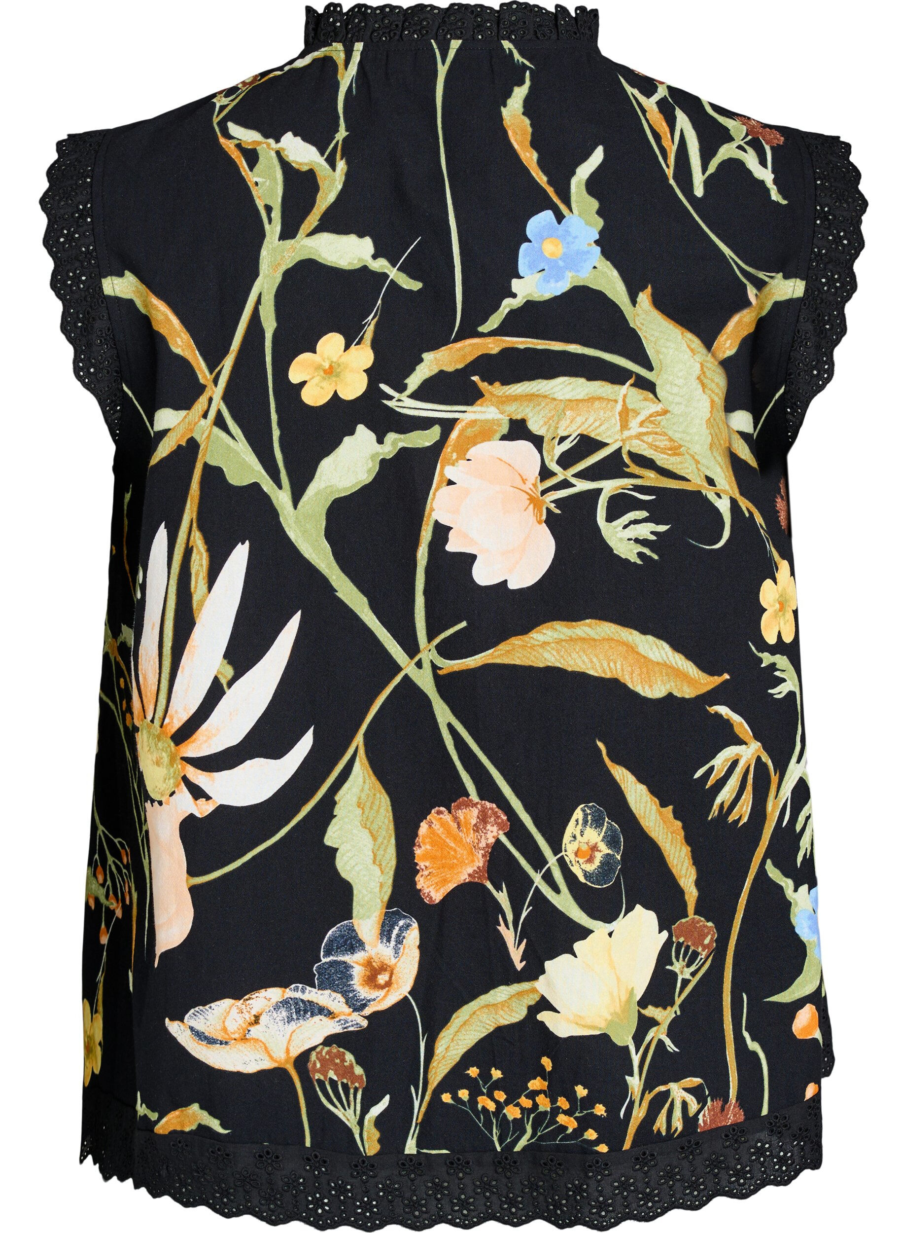 Zizzi Mouwloze katoenen blouse met bloemenprint en broderie anglaise, Zwart, Packshot image number 1