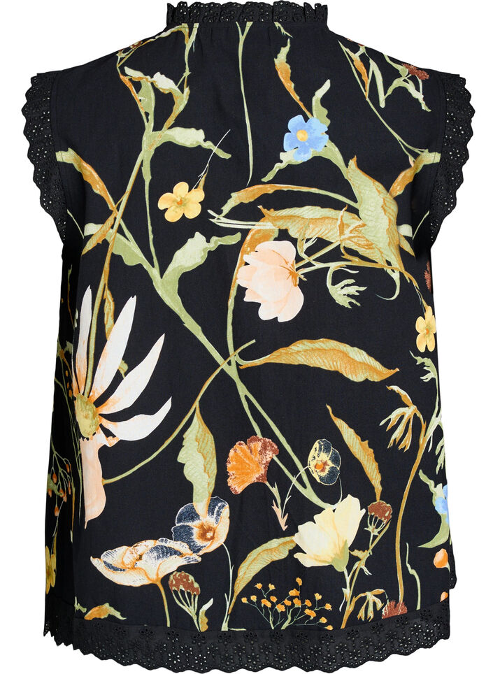 Mouwloze katoenen blouse met bloemenprint en broderie anglaise, Zwart, Packshot image number 1