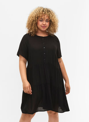Viscose jurk met korte mouwen en a-lijn, Black, Model image number 0