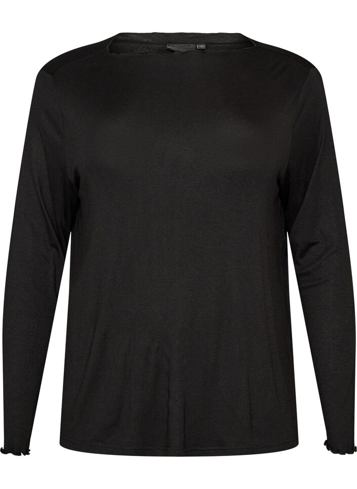 Viscose nachttop met lange mouwen, Zwart, Packshot image number 0