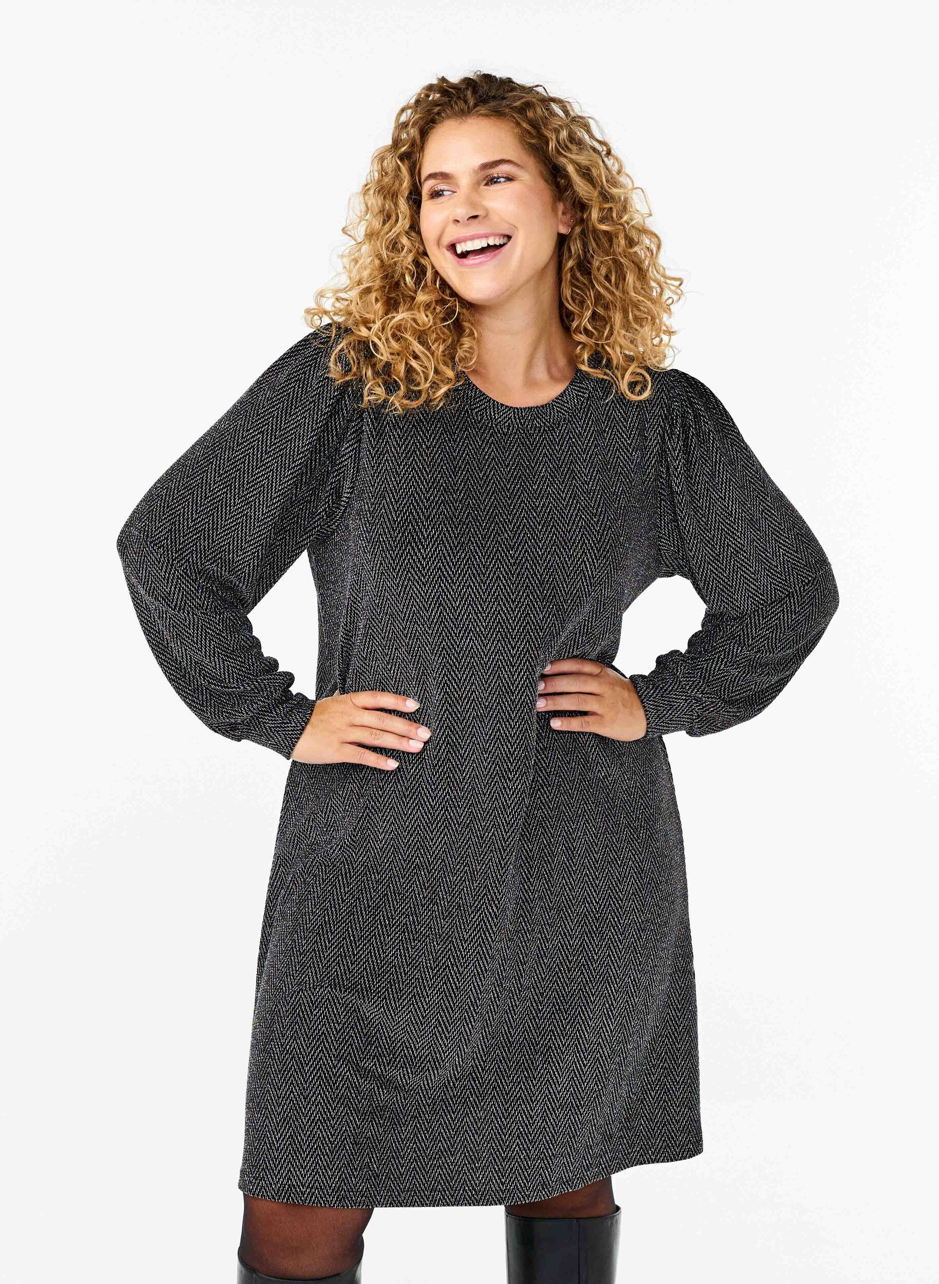 Zizzi Jurk met zigzagpatroon en glitter, Silver ZigZagShimmer, Model image number 0