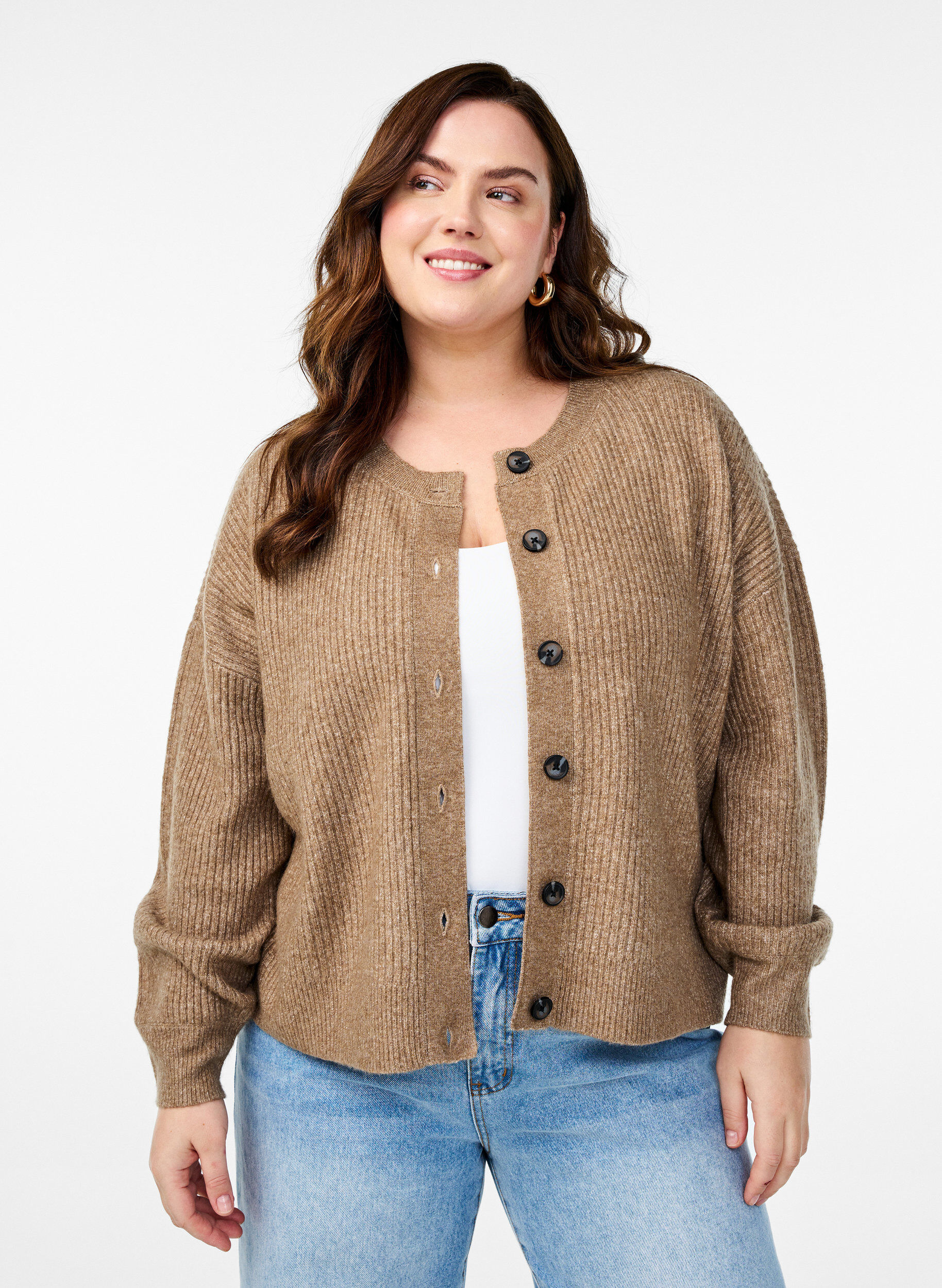 Vest van ribtricot met knopen, Bruin, Model