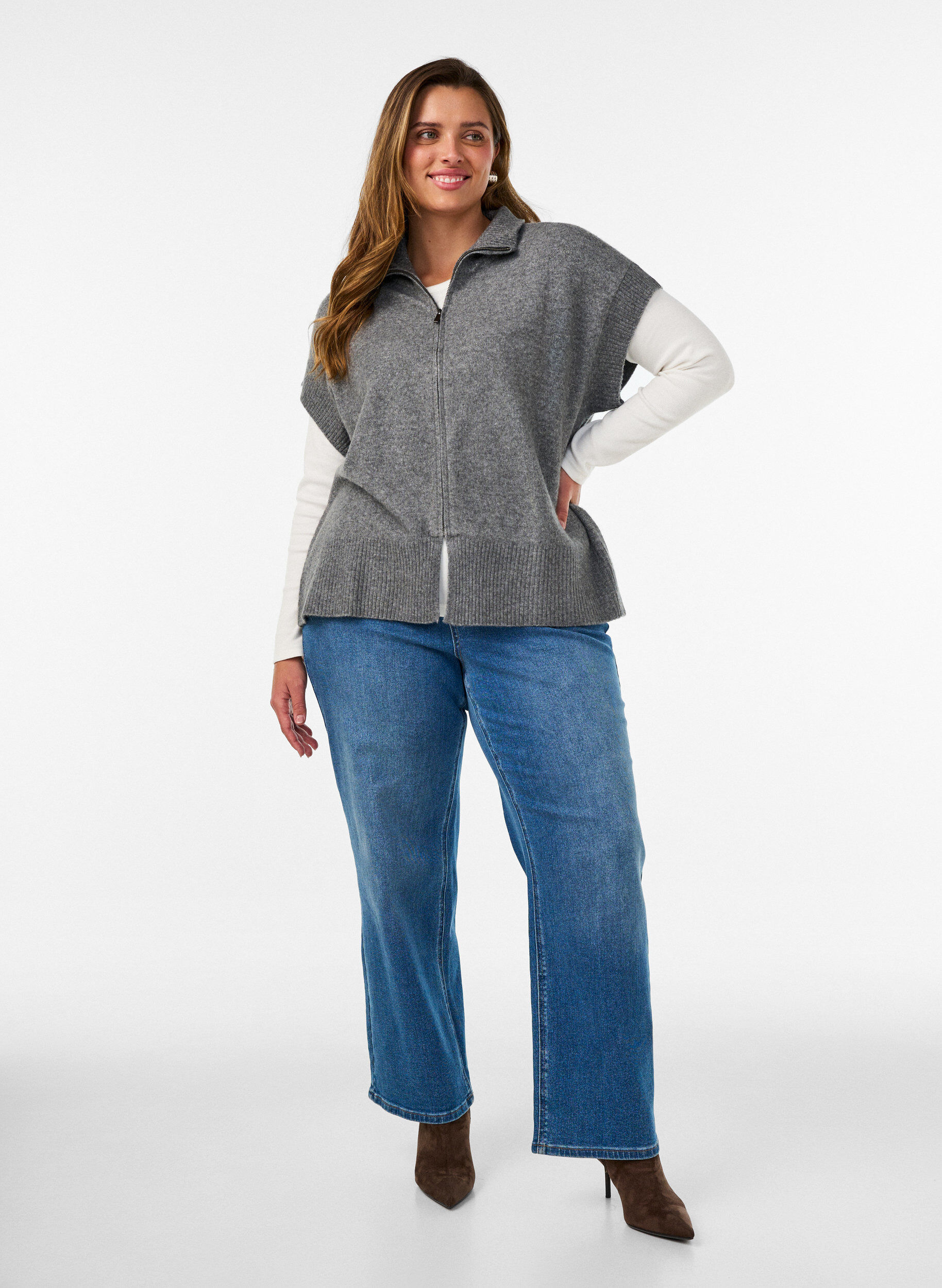 ZizziGebreid gilet met hoge kraag en rits, Grijs, Model image number 1