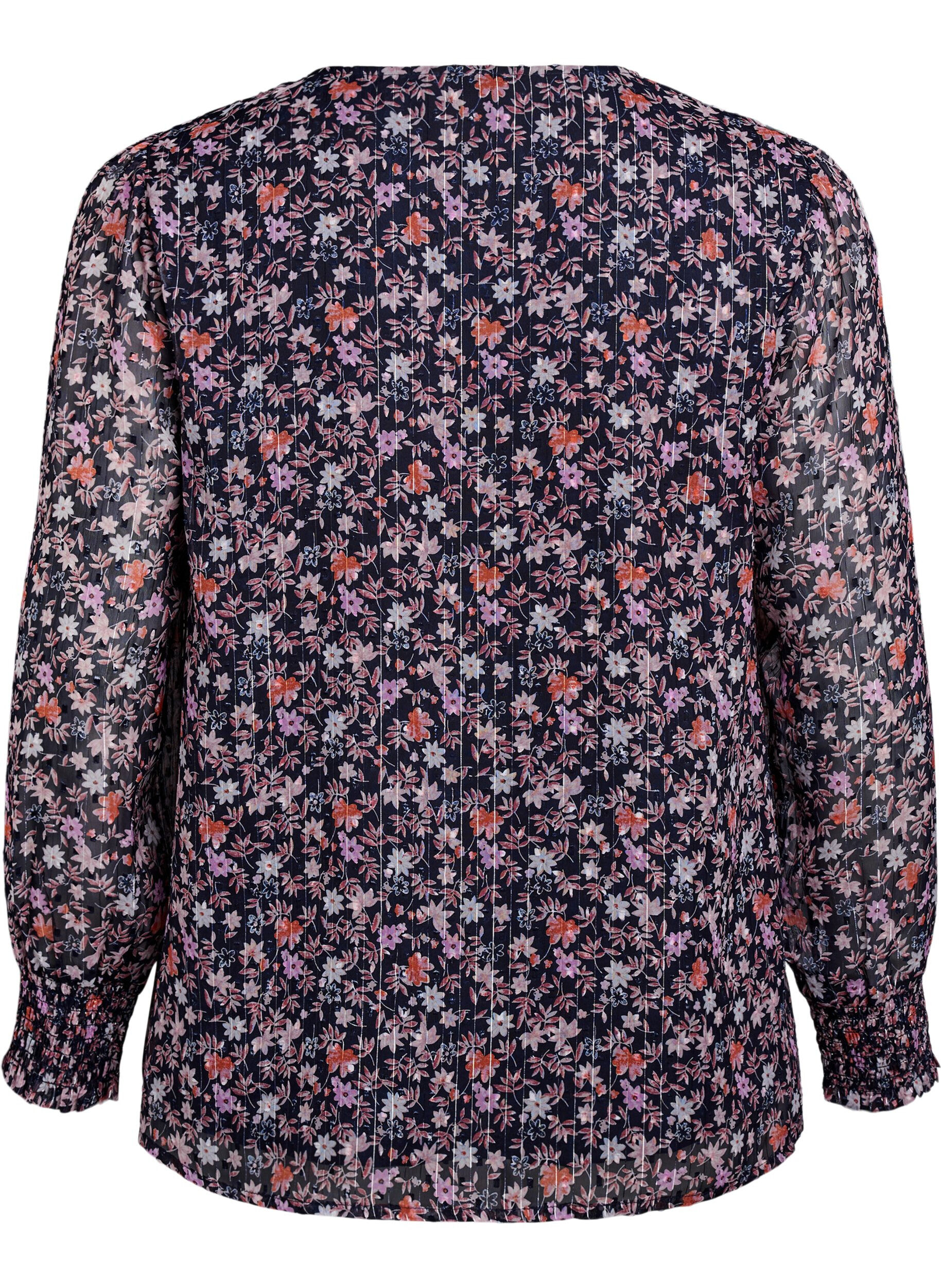 Zizzi Blouse met bloemenprint en glitterdraad, Blauw, Packshot image number 1