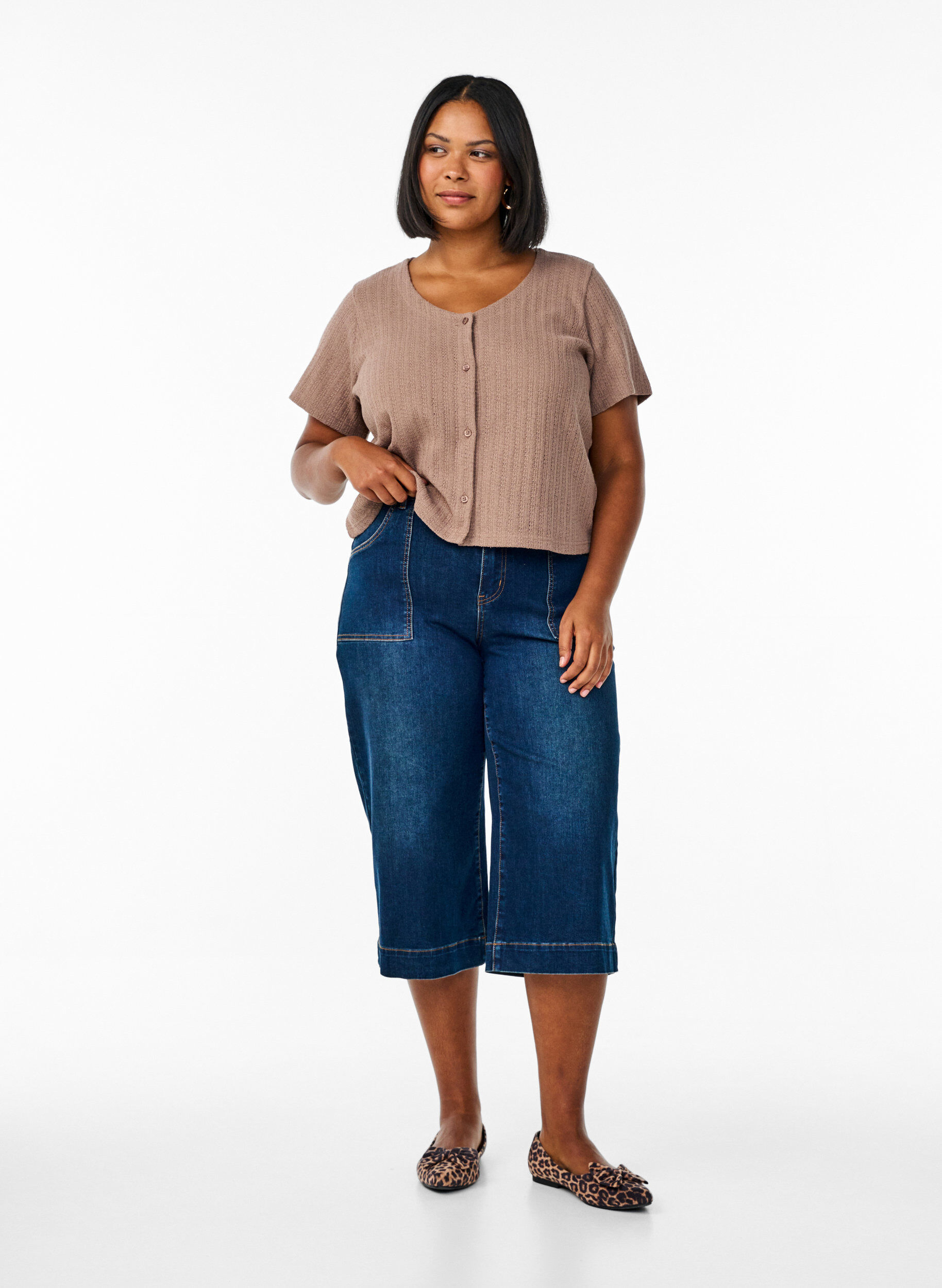 Zizzi Denim knickers met wide fit benen, Blauw, Model image number 0