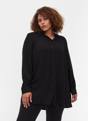 Lange blouse in effen kleur en viscosemix, Black, Model image number 0