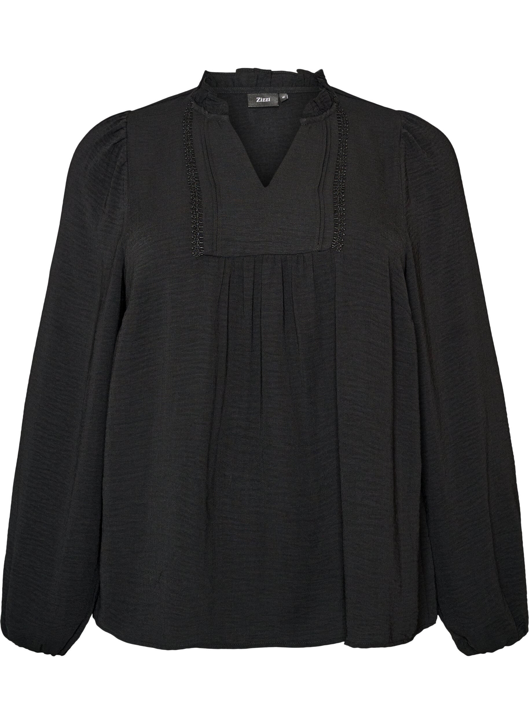 ZizziBlouse met V-hals en gehaakte sierband, Zwart, Packshot image number 0