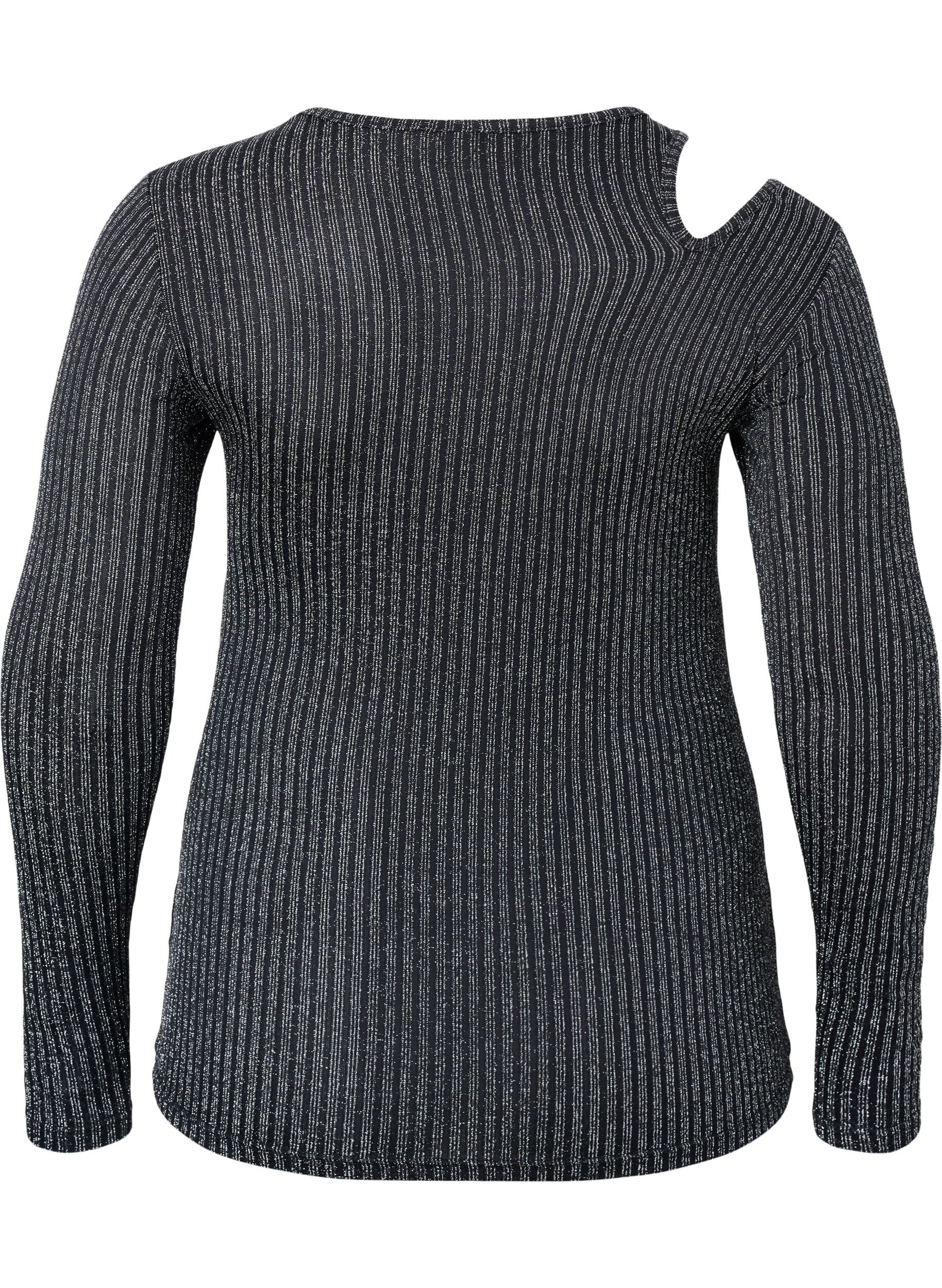 Zizzi Uitgesneden blouse met lange mouwen en glitter, B. w. Silver Stripes, Packshot image number 1