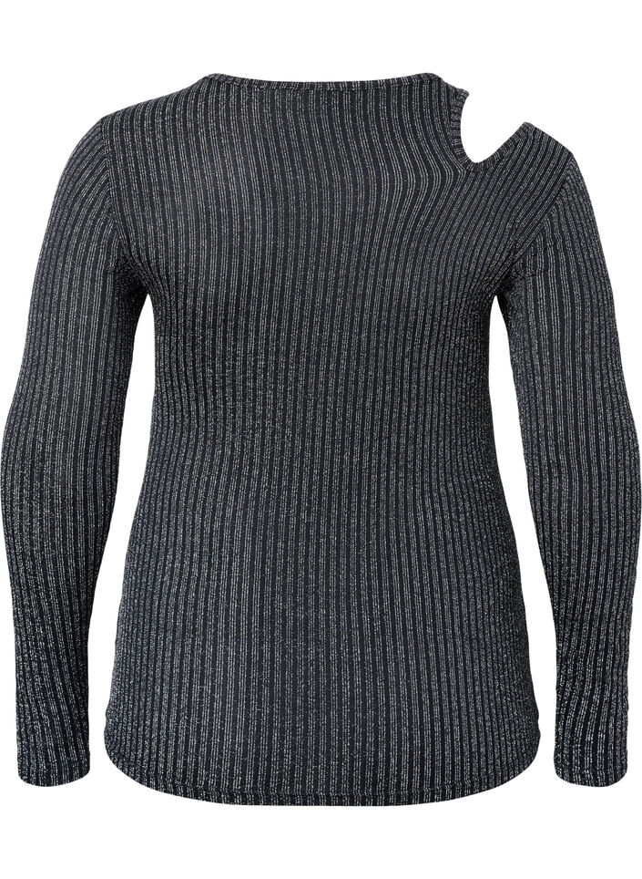 Uitgesneden blouse met lange mouwen en glitter, B. w. Silver Stripes, Packshot image number 1