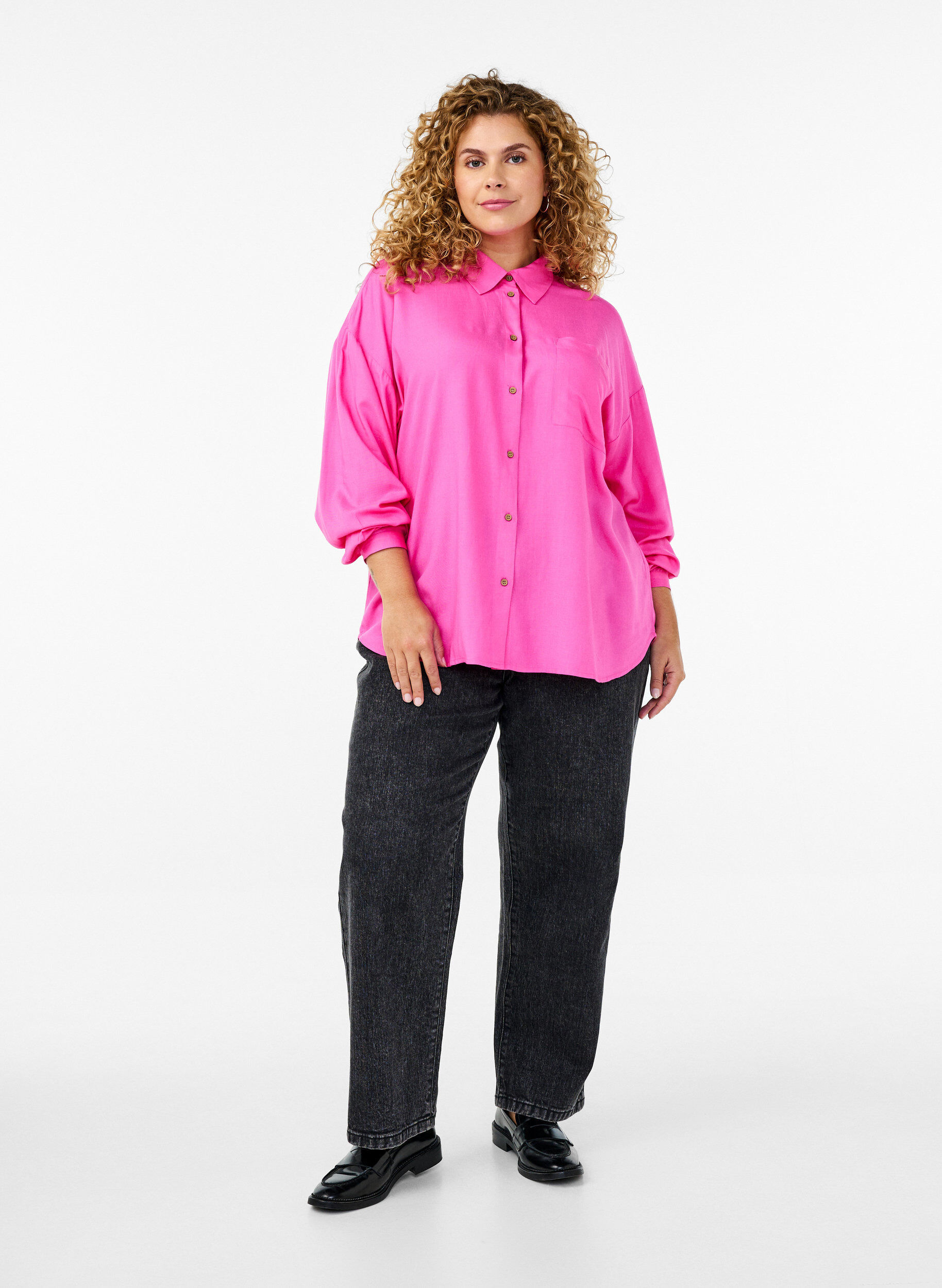Zizzi Linnen en viscose shirt met lange mouwen, Roze, Model image number 1