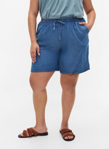 Losse shorts met trekkoord en zakken, Blue denim, Model image number 1