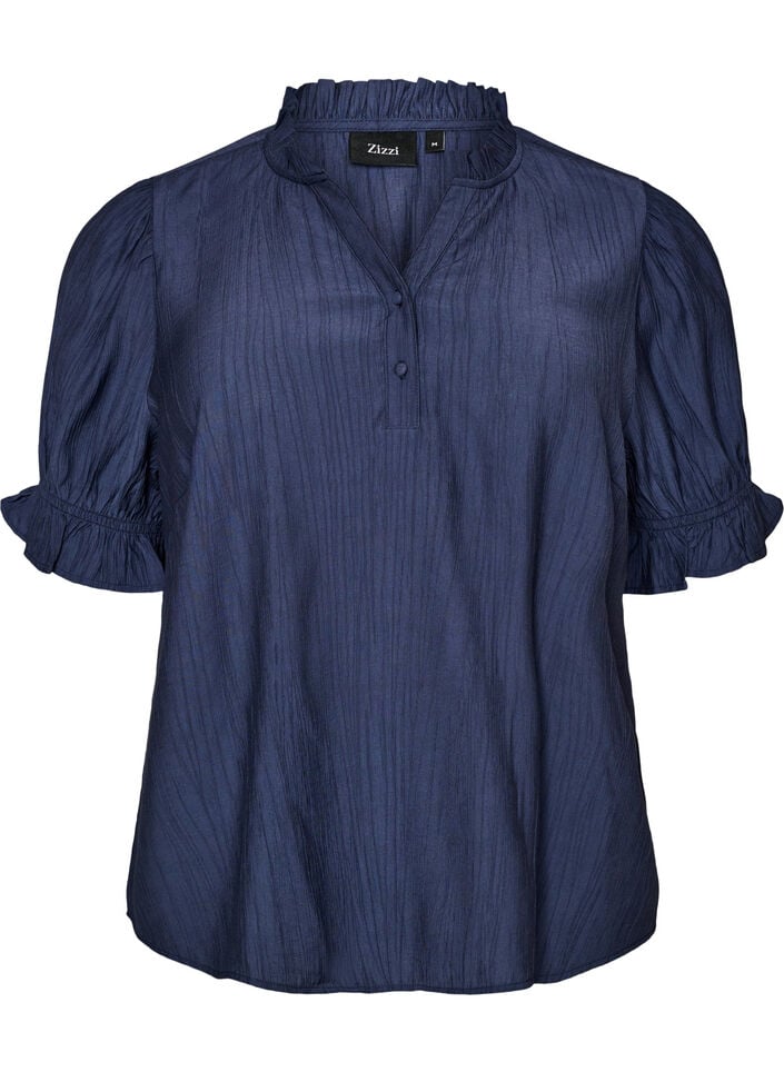 Blouse in een gekreukelde viscosemix met een V-hals, Blauw, Packshot image number 0