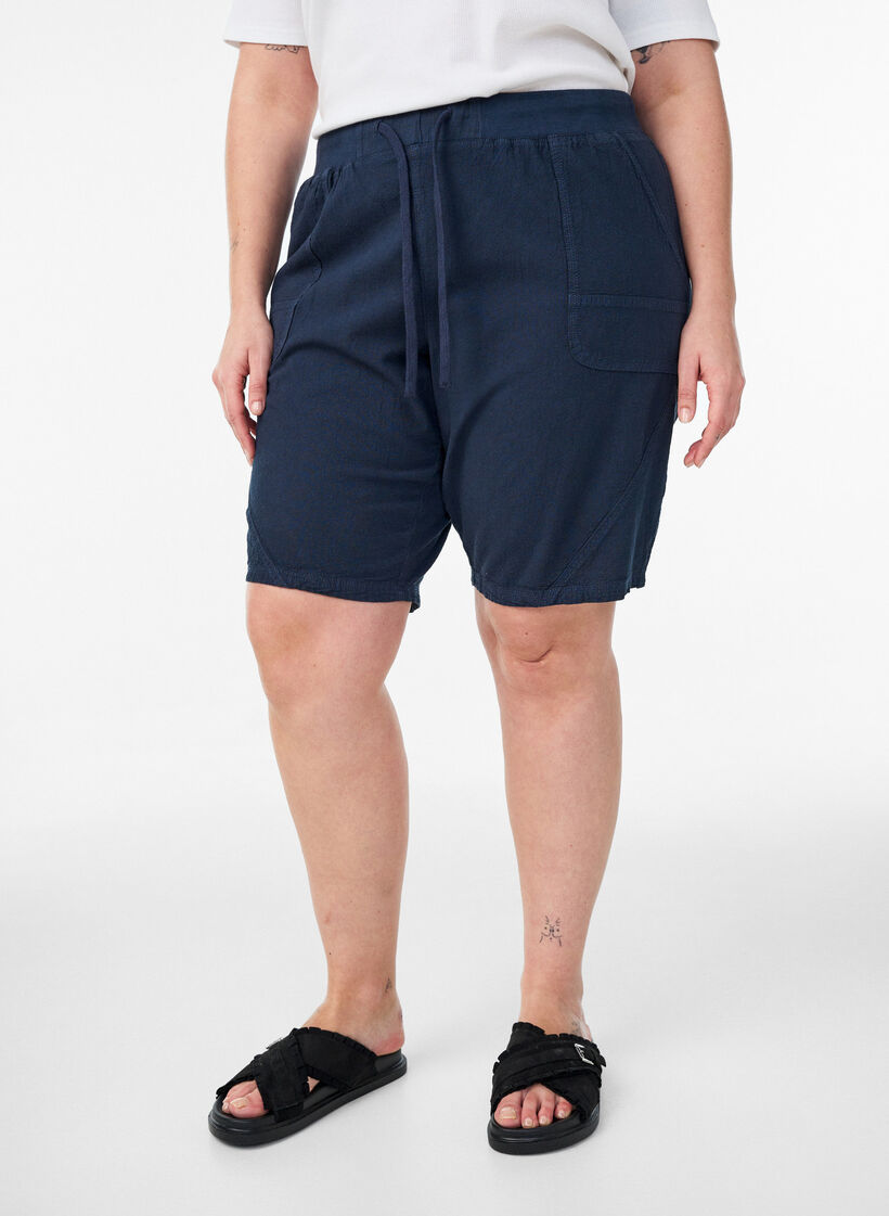 Losse katoenen short met zakken, Blauw, Model image number 3