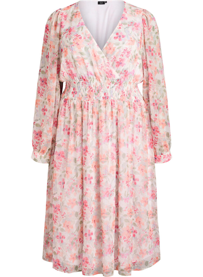 Midi jurk met bloemen, wikkellook en smock, Oranje, Packshot image number 0