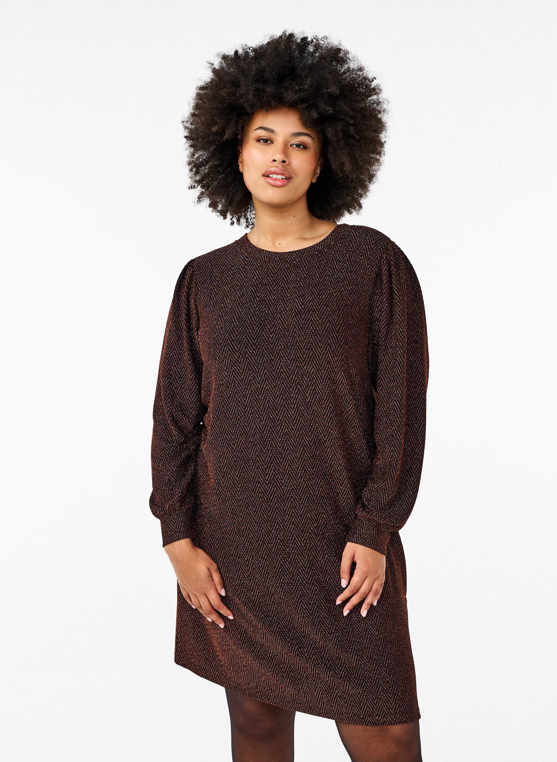 Zizzi Jurk met zigzagpatroon en glitter, Copper ZigZagShimmer, Model image number 0