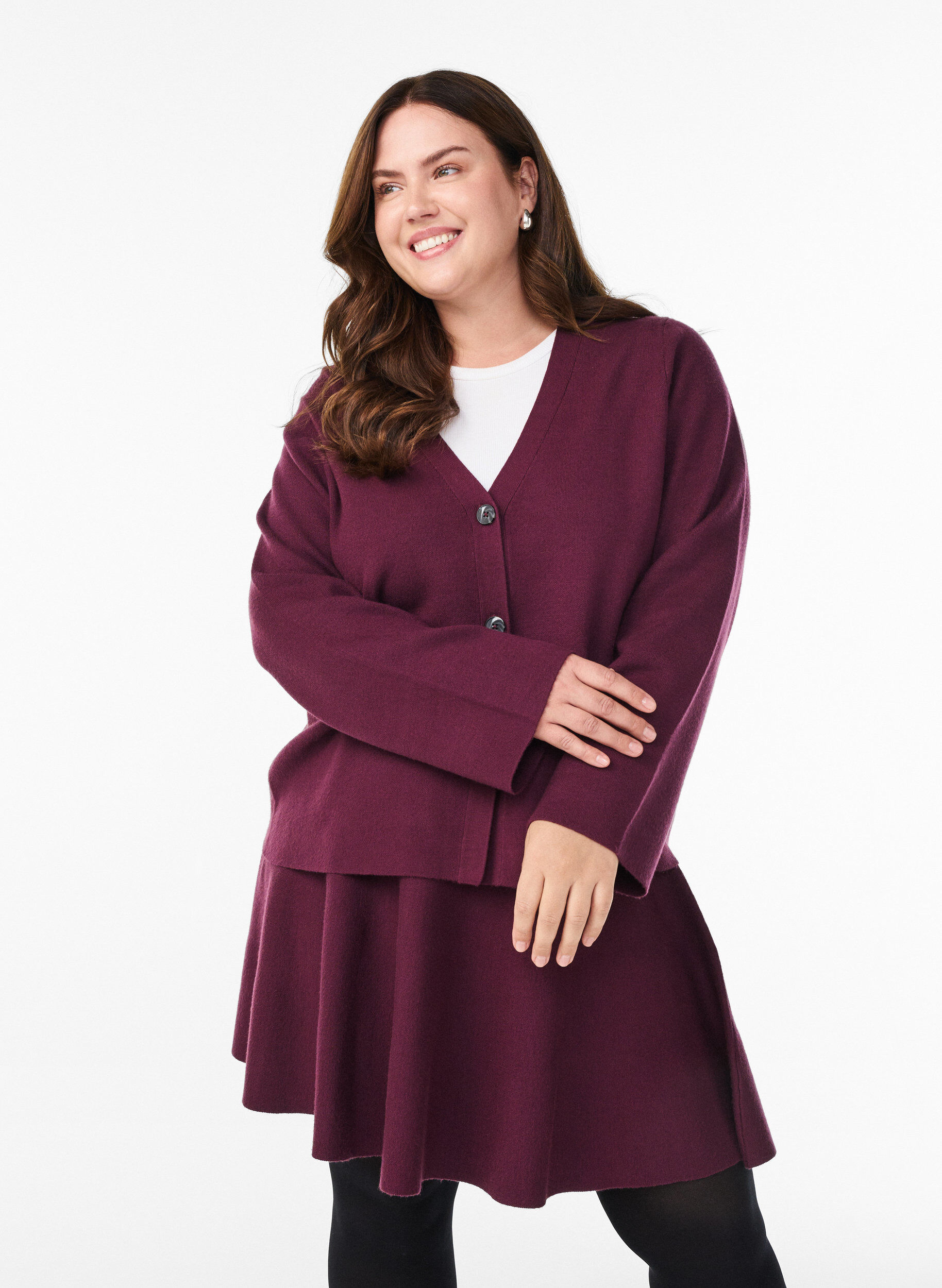 Zizzi Korte gebreide A-lijn rok, Donker Bordeaux, Model image number 0