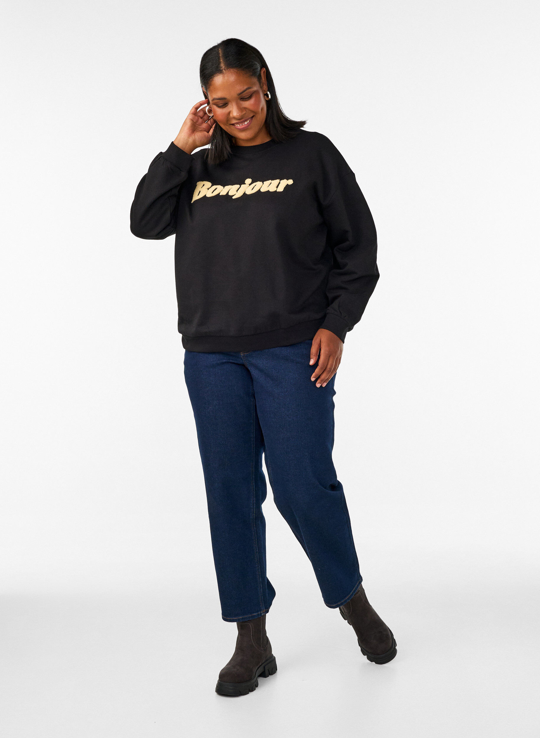 ZizziSweatshirt met boucl&eacute;-tekstmotief, Zwart, Model image number 1