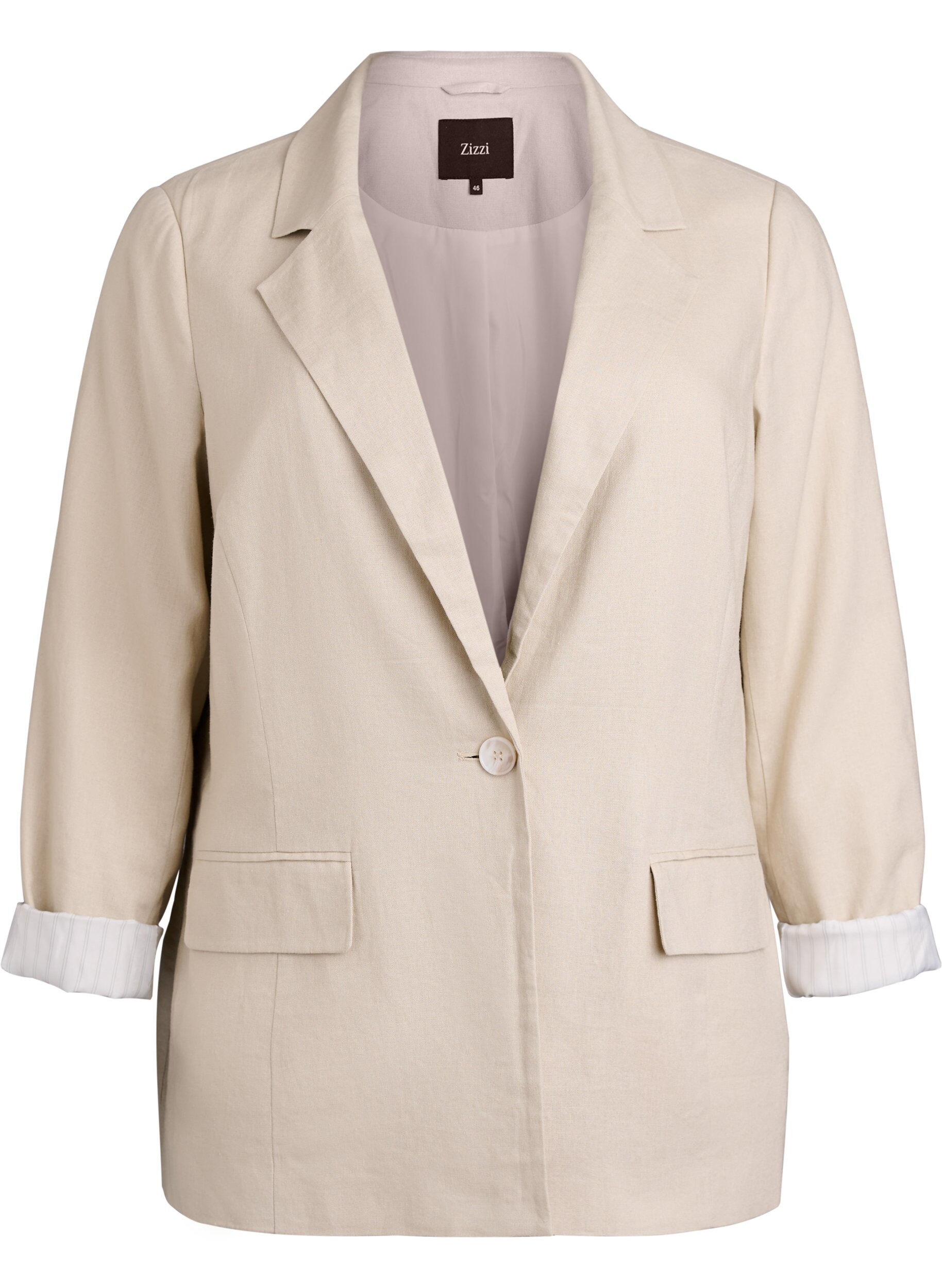 Zizzi Blazer in linnen en viscose met revers en zakken, Beige, Packshot image number 0
