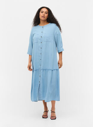 Midi-jurk met knoopjes en 3/4 mouwen, Light blue denim, Model image number 2