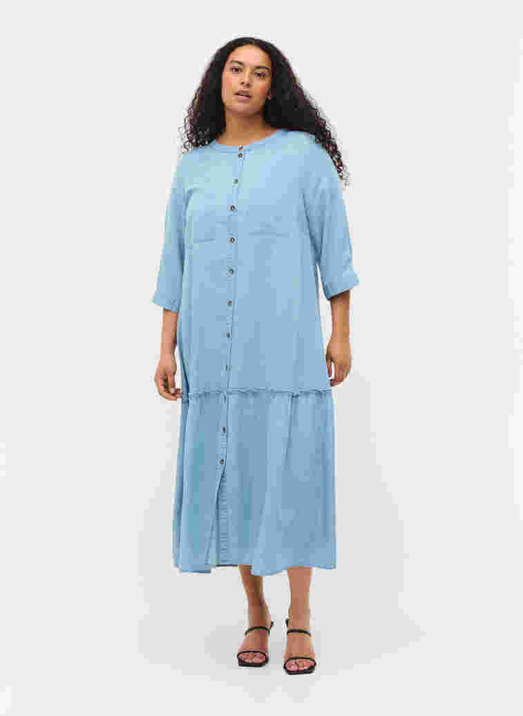 Midi-jurk met knoopjes en 3/4 mouwen, Light blue denim, Model image number 2