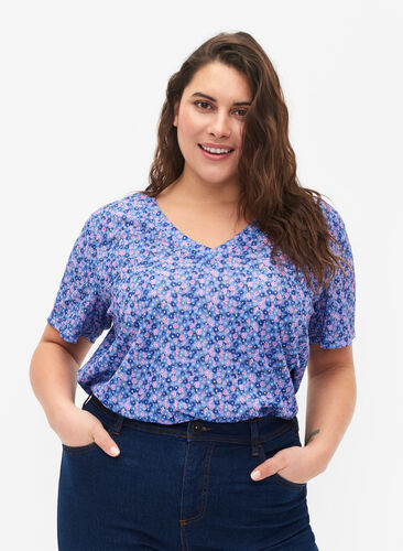 FLASH - Bedrukt t-shirt met v-hals, Blue Rose Ditsy, Model image number 0