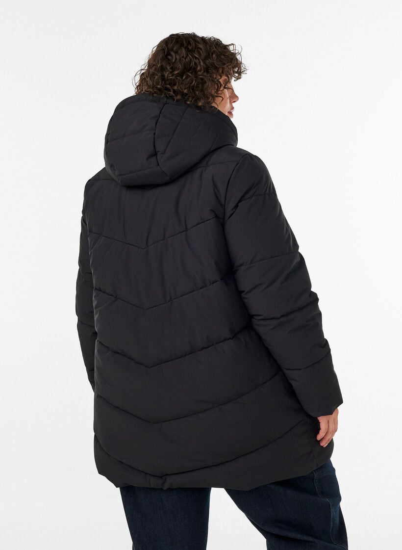Halflange pufferjas met capuchon, Zwart, Model image number 2