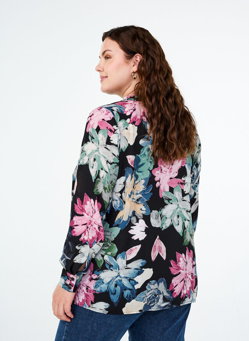 Blouse met lange mouwen en bloemenprint, Rose Flower AOP, Model image number 1