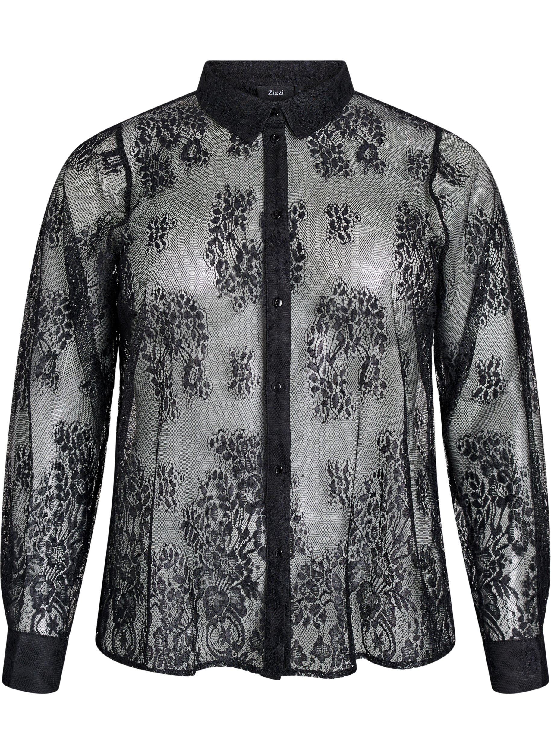 Zizzi Transparant kanten shirt met lange mouwen, Zwart, Packshot image number 0