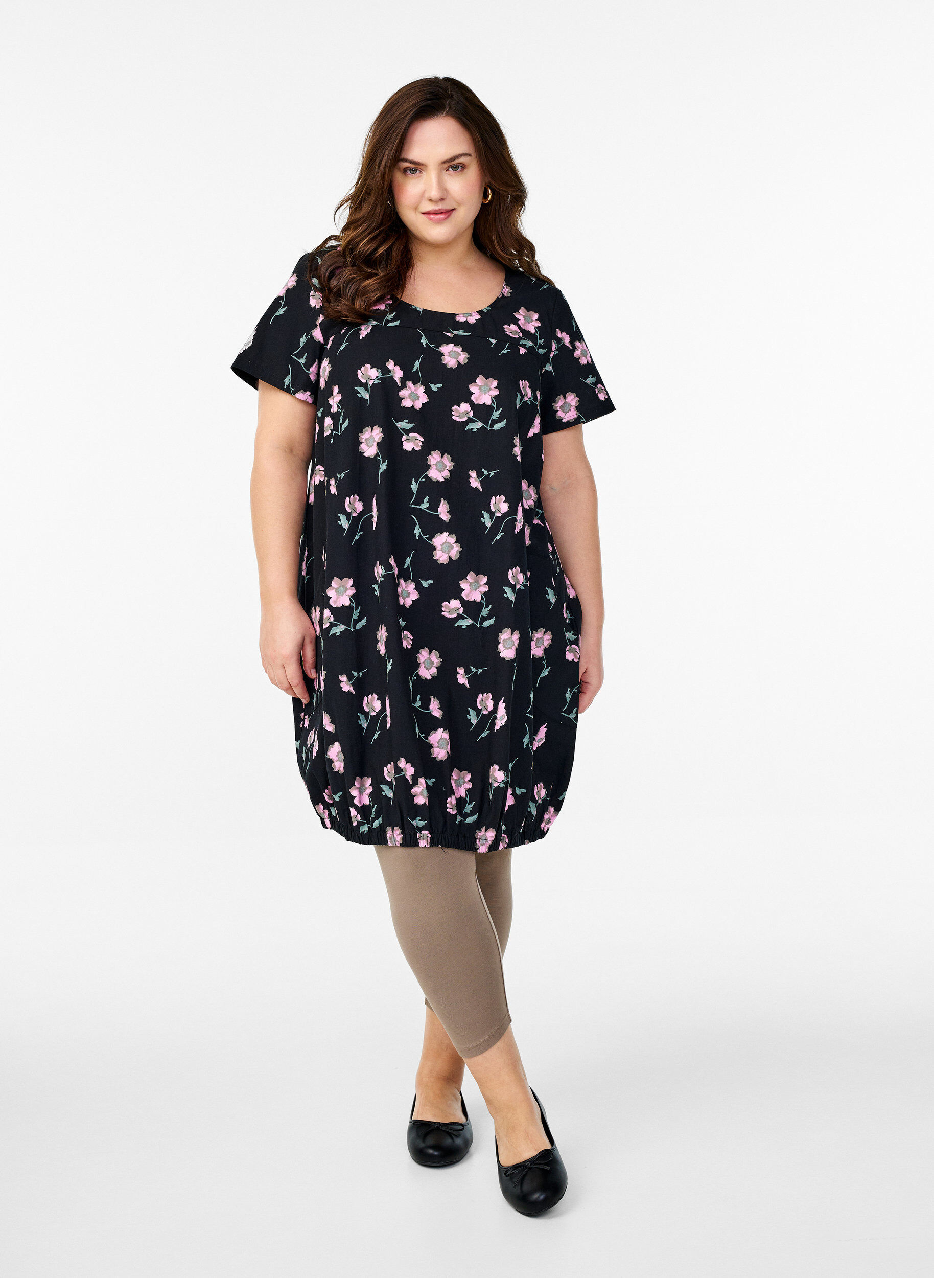 ZizziKatoenen jurk met korte mouwen en print, Zwart, Model image number 1