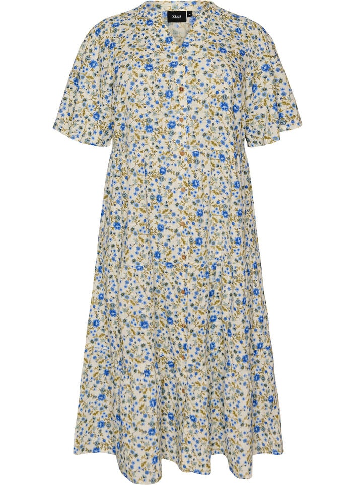 Katoenen midi jurk met bloemenprint, Blauw, Packshot image number 0