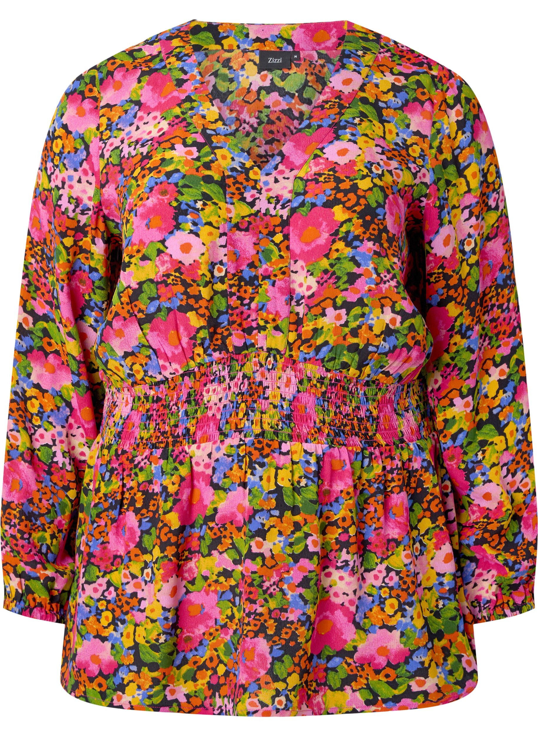 Zizzi Viscose blouse met bloemenprint en smok, Neon Flower Print, Packshot image number 0