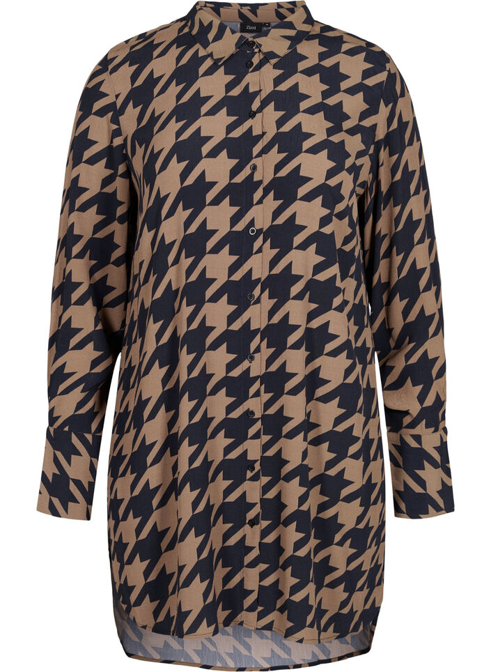 Lang viscose overhemd met patroon, Brown Houndsthooth, Packshot image number 0
