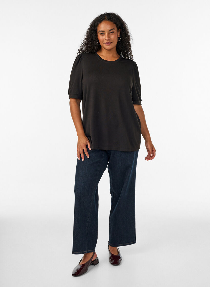Blouse met knoopdetail en korte pofmouwen, Zwart, Model image number 1