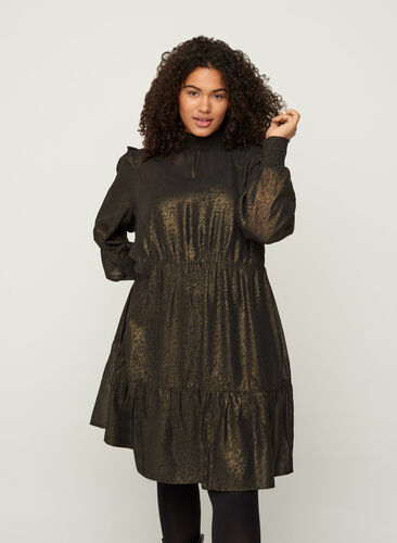 jurk met lange mouwen, smokwerk en ruches, Black w. Gold, Model image number 0