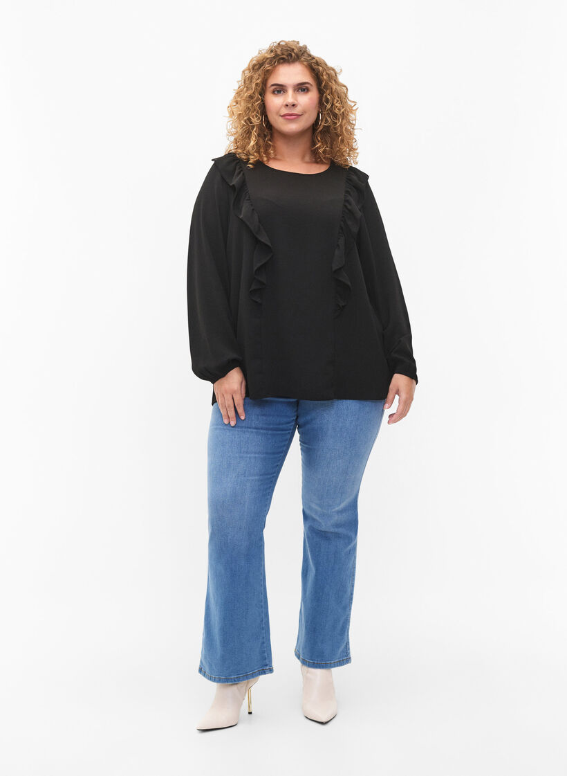 Blouse met lange mouwen en ruches, Black, Model image number 2