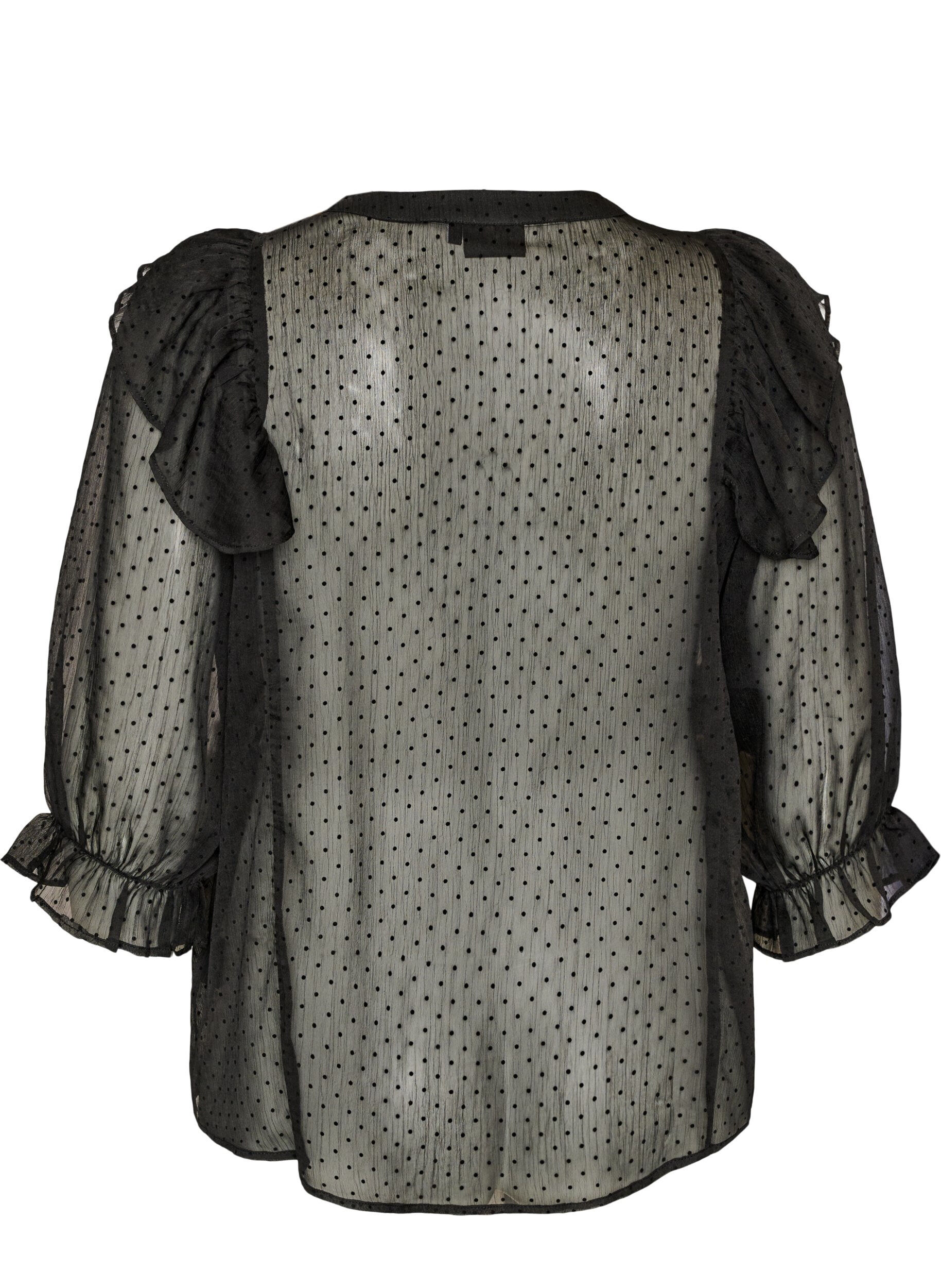 ZizziTransparante blouse met stippen en ruchesdetails, Zwart, Packshot image number 1