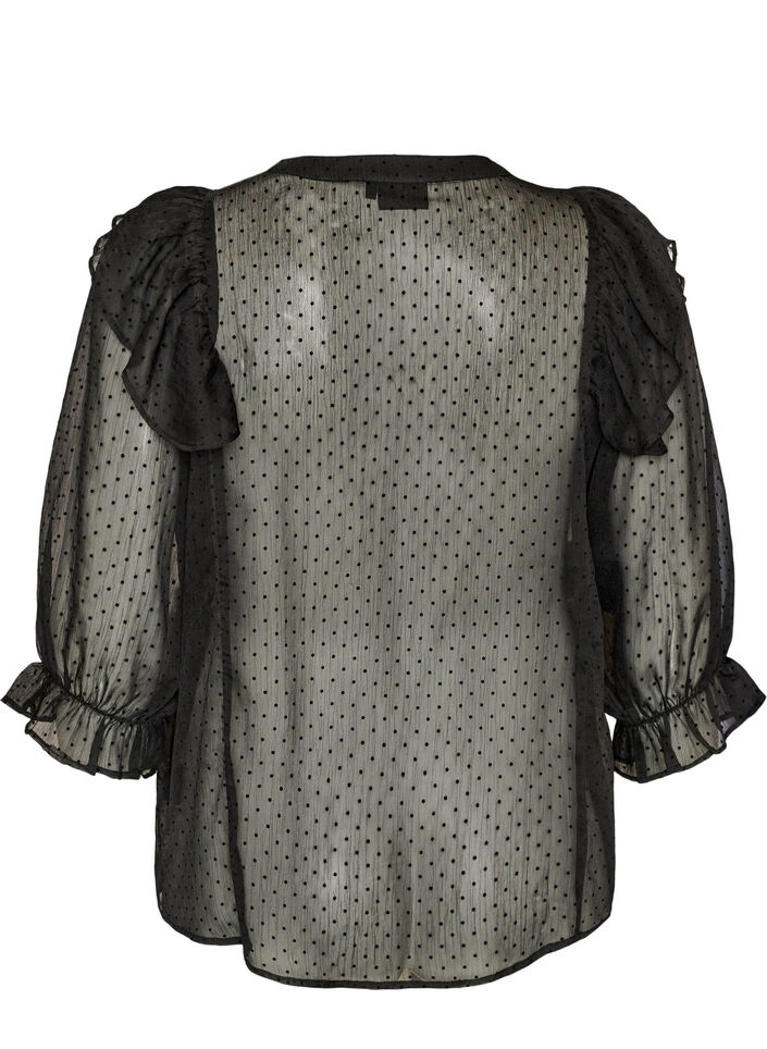Transparante blouse met stippen en ruchesdetails, Zwart, Packshot image number 1