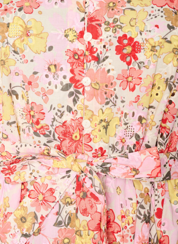 Bloemen midi-jurk met broderie anglaise en een strikriem, Roze, Packshot image number 2