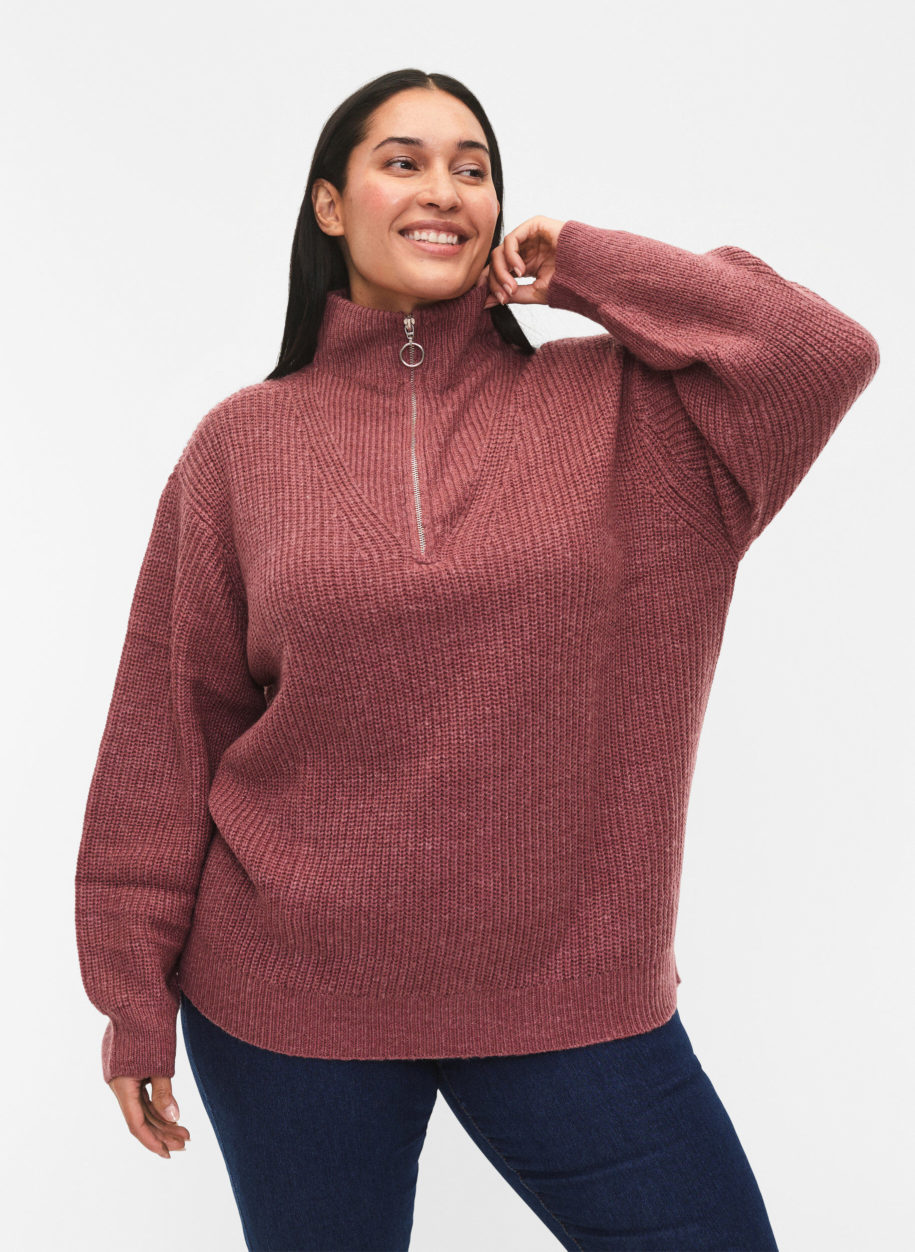 ZizziGebreide trui met hoge hals en rits, Rood, Model image number 0