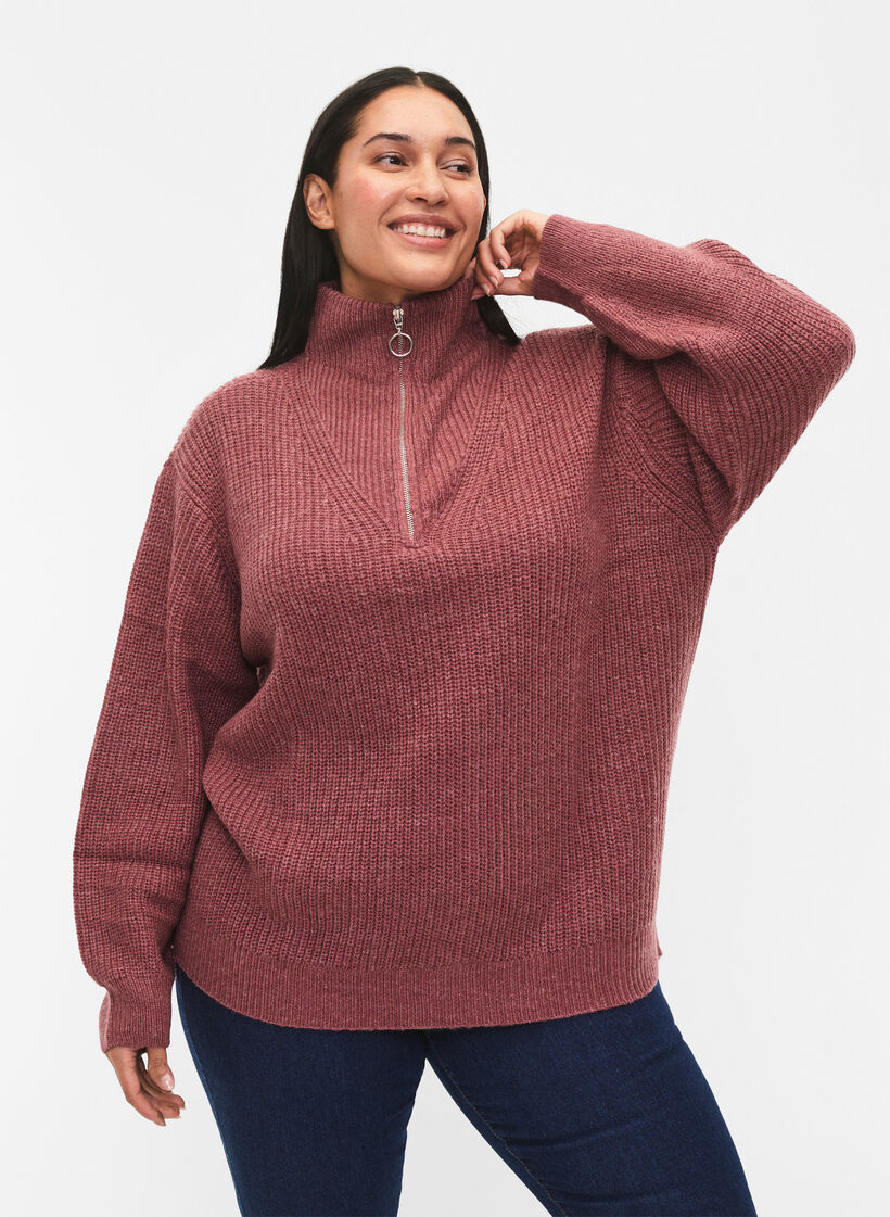 Gebreide trui met hoge hals en rits, Rood, Model image number 0