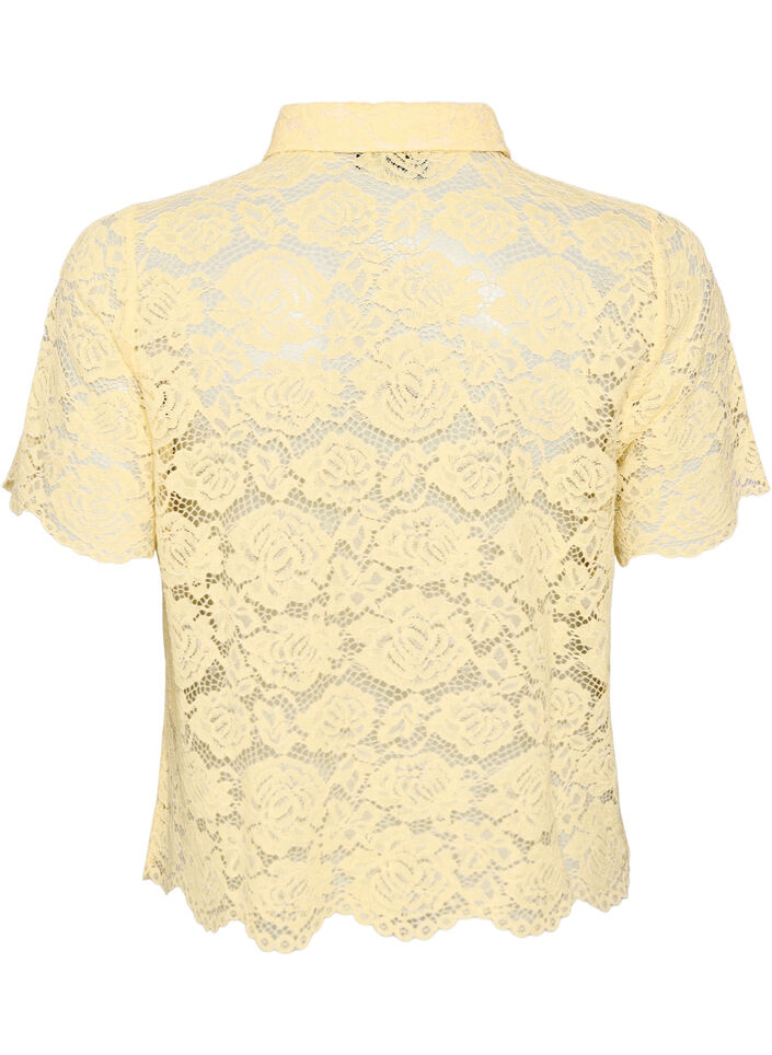 Kanten shirt blouse met parelknopen, Geel, Packshot image number 1